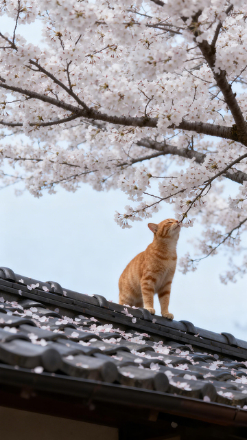 日系风樱花屋顶猫咪摄影素材