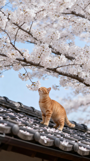 日系风樱花猫屋顶摄影素材