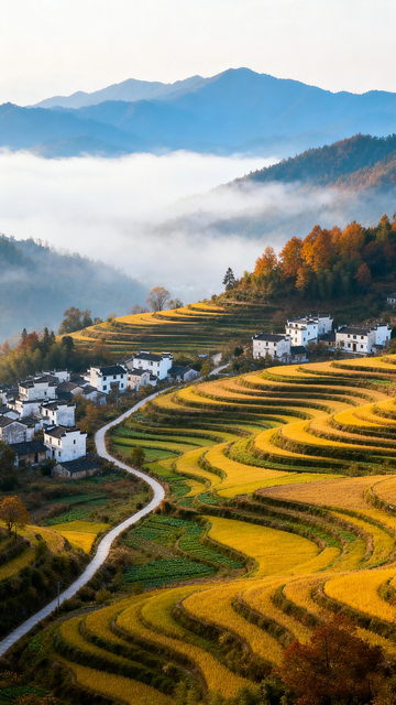 航拍风秋日梯田村落风景素材