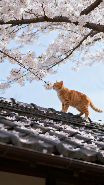 日系风樱花屋顶猫咪摄影素材