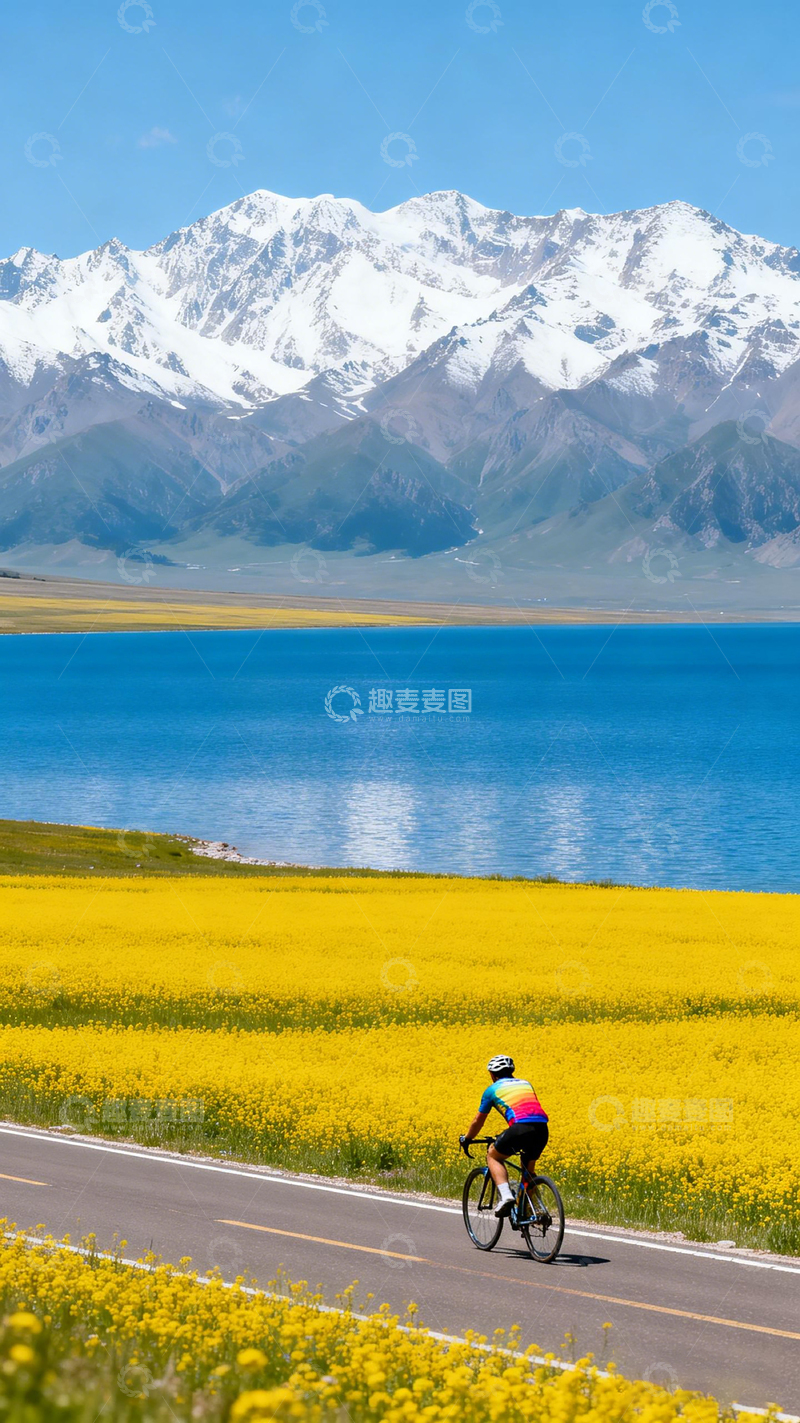 高清大图下载【趣麦麦图】写实风骑行者湖畔花海风景设计素材