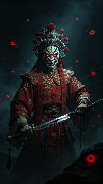 暗黑风京剧脸谱武士插画设计素材