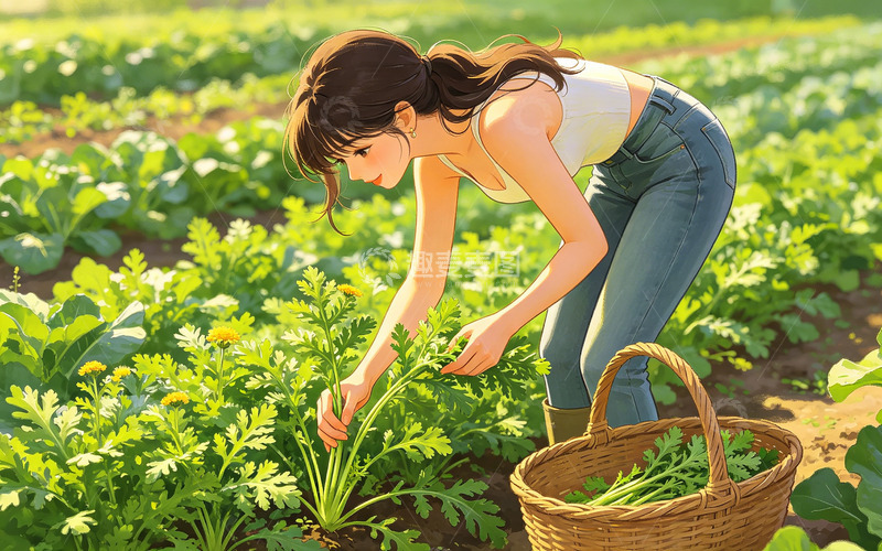 高清大图下载【趣麦麦图】插画风田园采摘茼蒿少女设计素材