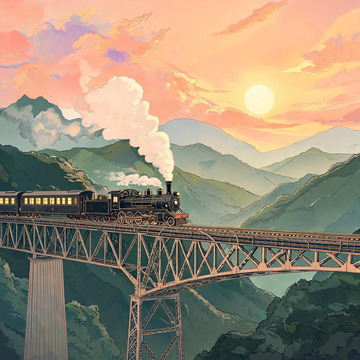 插画风蒸汽火车山景设计素材