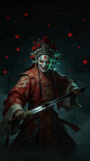 暗黑风京剧脸谱武士插画设计素材