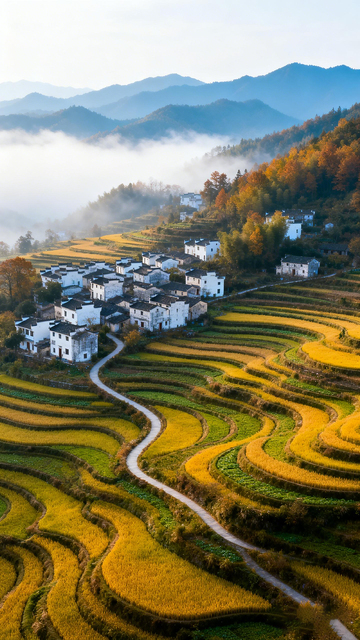 航拍风梯田村落秋景设计素材