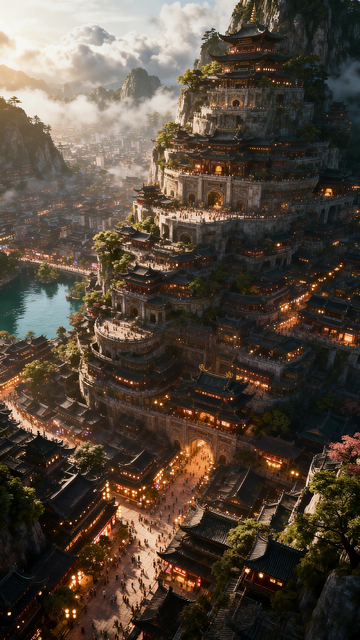 奇幻风山巅古建筑群设计素材