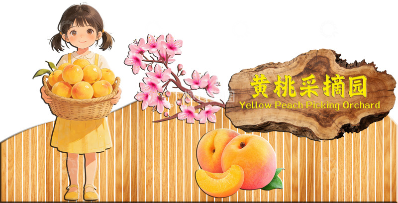 源文件下载【趣麦麦图】-卡通风黄桃采摘园插画景观小品设计素材