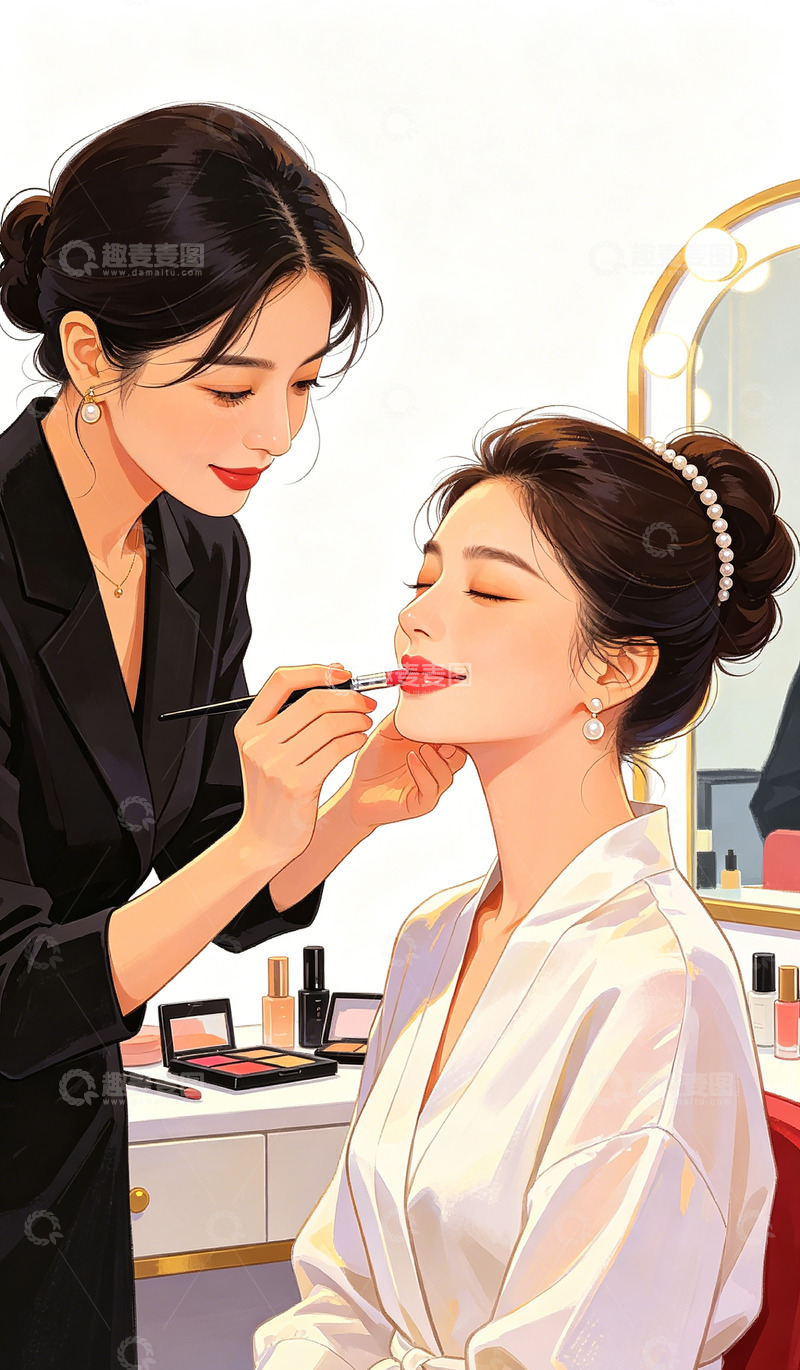 高清大图下载【趣麦麦图】-插画风化妆师为新娘上妆设计素材