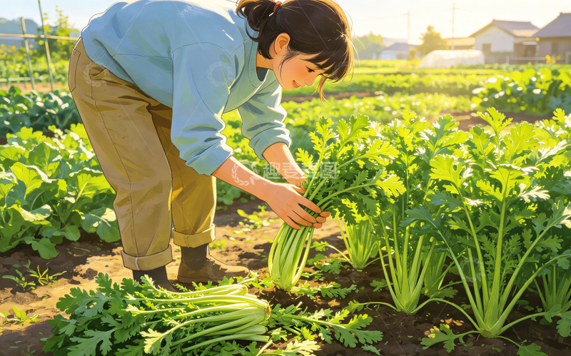高清大图下载【趣麦麦图】写实风田园采摘茼蒿蔬菜摄影素材