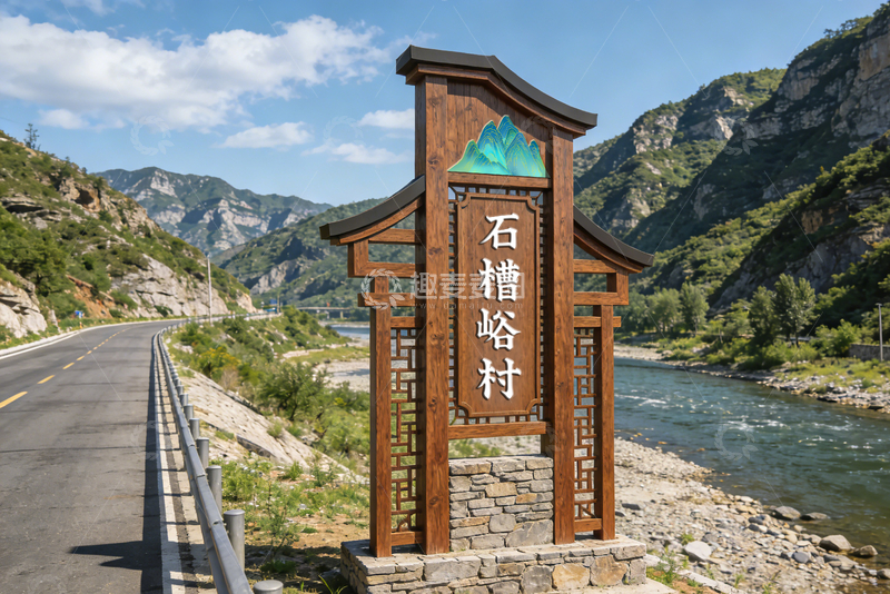 源文件下载【趣麦麦图】-实景风山村入口标识牌景观小品设计素材