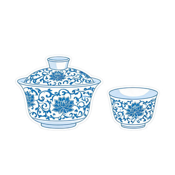 青花瓷风格茶具插画设计素材
