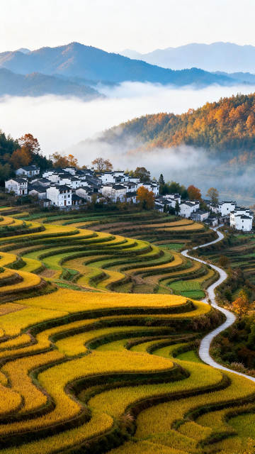 航拍风秋日梯田村落风光设计素材
