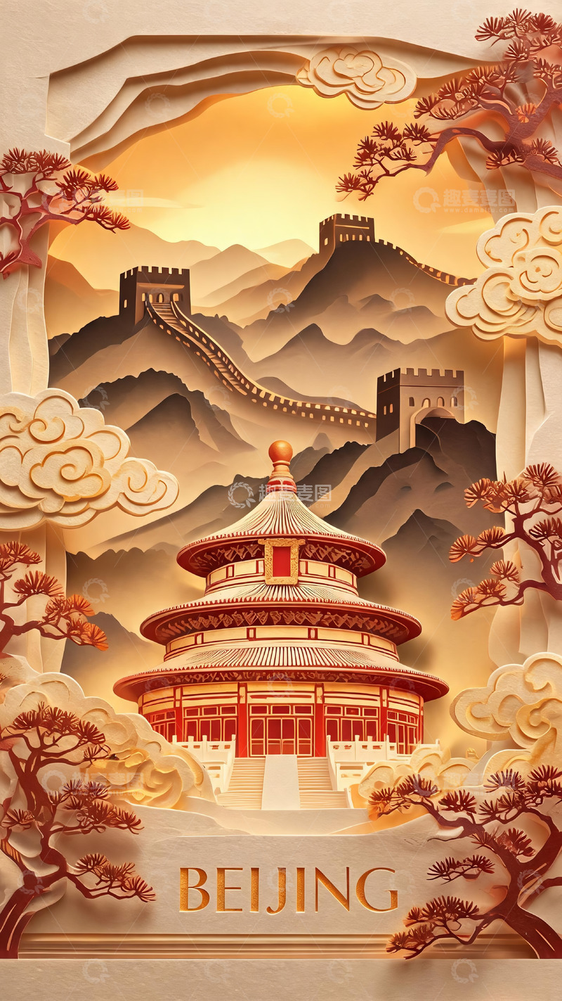 高清大图下载【趣麦麦图】北京地标国风立体纸雕插画3