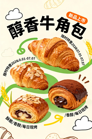 手绘风新品牛角包可颂烘焙宣传设计