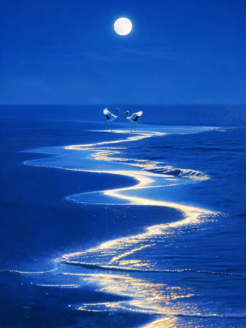 梦幻风月夜双鹤海浪设计素材
