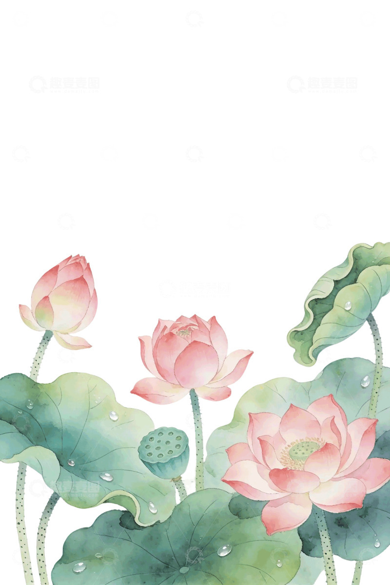 高清大图下载【趣麦麦图】-水彩风荷花池塘手绘莲花设计素材