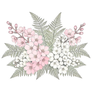 手绘风樱花蕨类植物插画设计素材