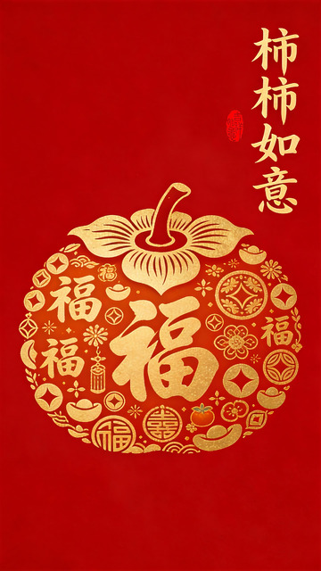 剪纸风春节福字柿子吉祥图案设计素材