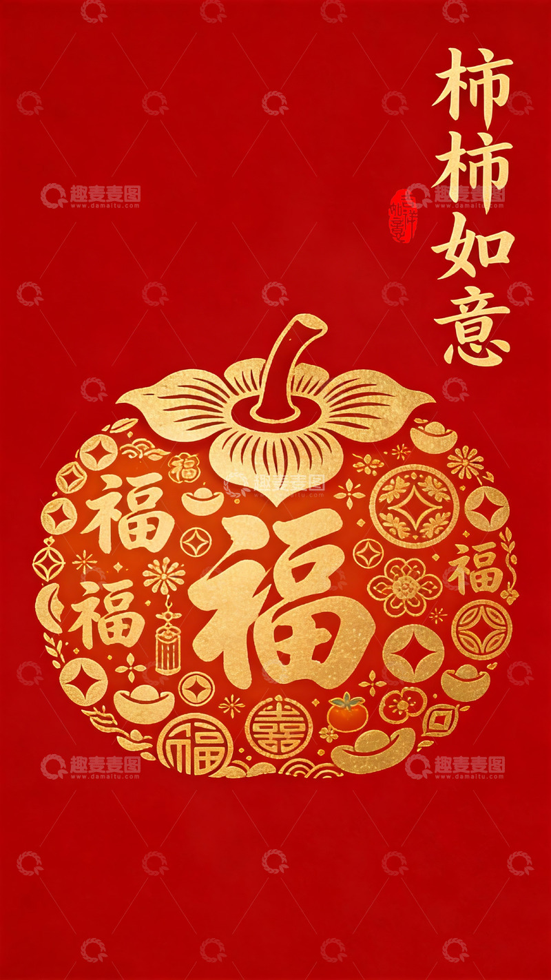 高清大图下载【趣麦麦图】剪纸风春节福字柿子吉祥图案设计素材