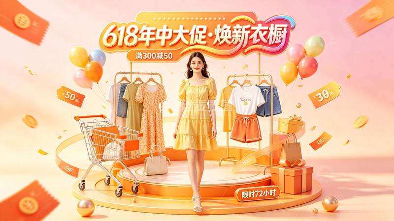 高清大图下载【趣麦麦图】-卡通风618促销女装穿搭设计素材