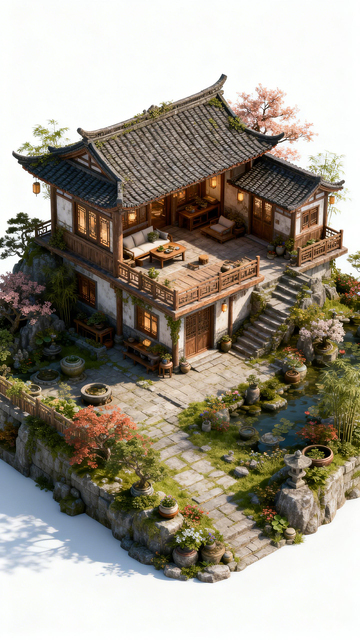 国风中式庭院建筑插画设计素材