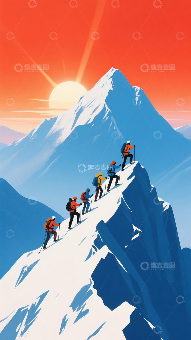 高清大图下载【趣麦麦图】雪山团队登山励志扁平风插画