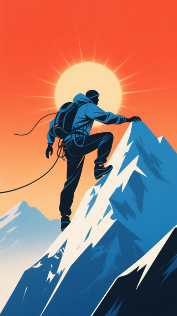 雪山登山者励志扁平风插画