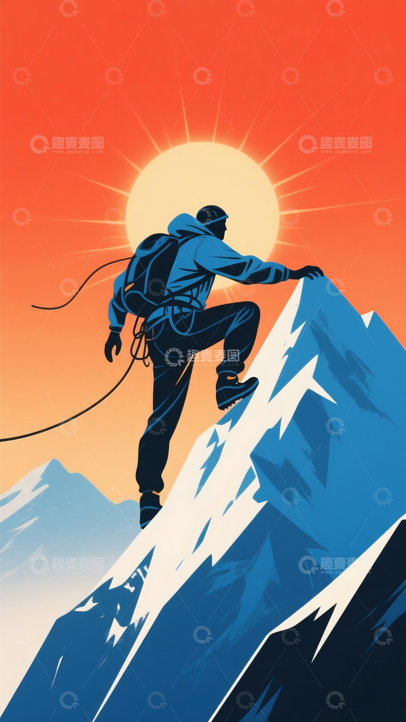 高清大图下载【趣麦麦图】雪山登山者励志扁平风插画
