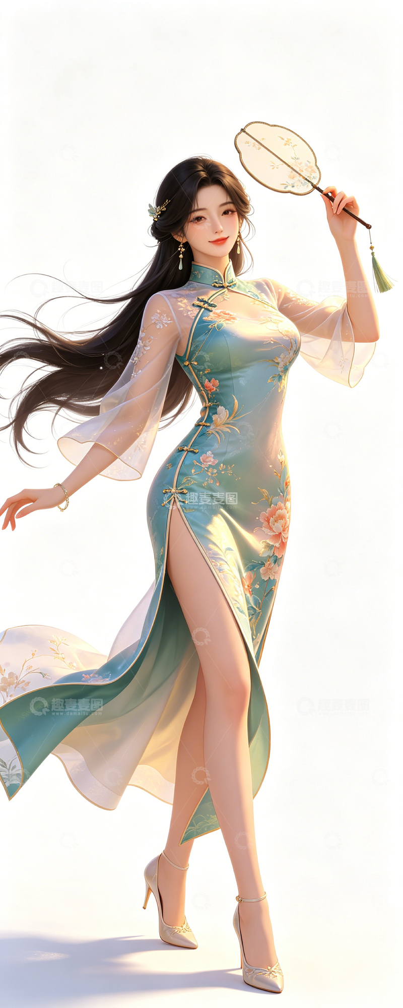 高清大图下载【趣麦麦图】-国风唯美旗袍女子插画素材