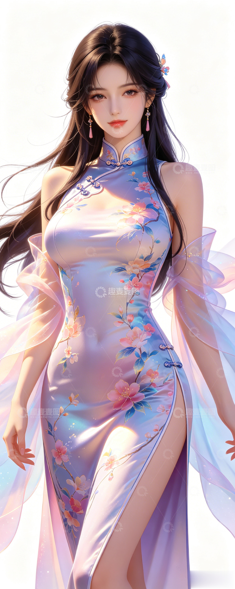 高清大图下载【趣麦麦图】-国风唯美旗袍少女插画素材