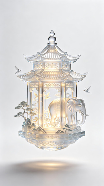 琉璃中式亭阁吉象山水3D国风艺术摆件3