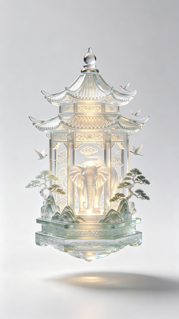 琉璃中式亭阁吉象山水3D国风艺术摆件1