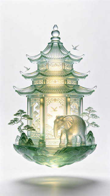 琉璃中式亭阁吉象山水3D国风艺术摆件2