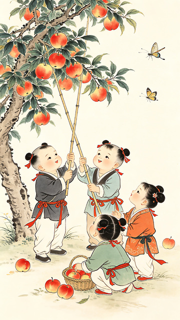 绘五个可爱孩童