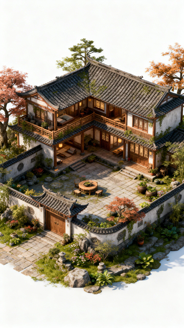 国风中式庭院建筑插画设计素材