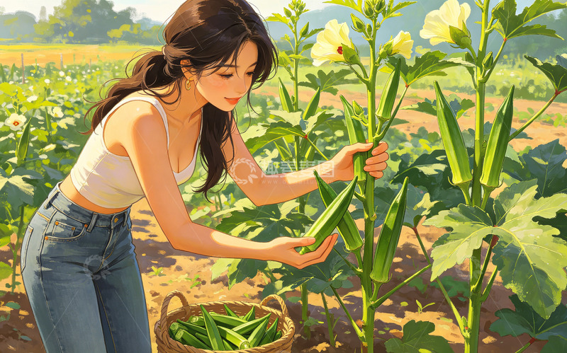高清大图下载【趣麦麦图】插画风田园采摘秋葵少女设计素材