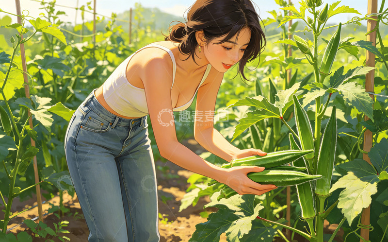 高清大图下载【趣麦麦图】田园风少女采摘秋葵插画素材