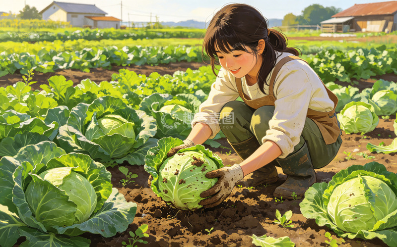高清大图下载【趣麦麦图】插画风田园采摘卷心菜设计
