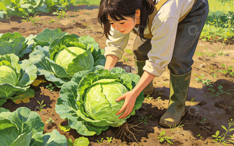 高清大图下载【趣麦麦图】插画风田园采摘卷心菜设计素材