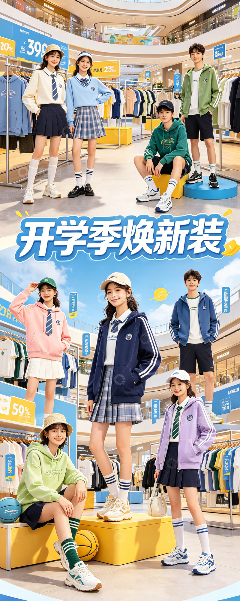 高清大图下载【趣麦麦图】-清新风开学季校园展架海报设计素材
