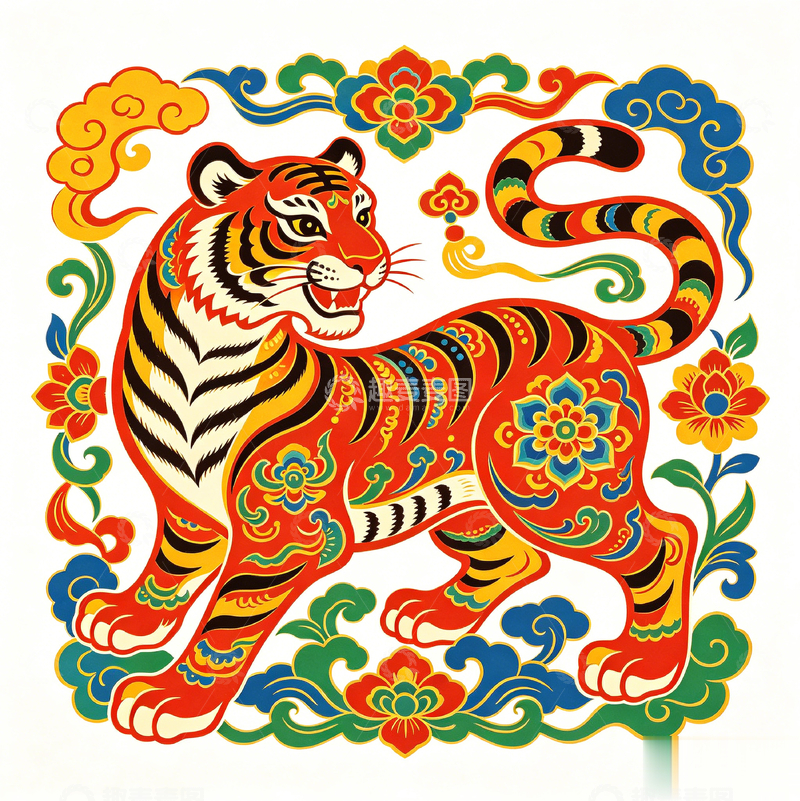 高清大图下载【趣麦麦图】剪纸风生肖虎年吉祥图案设计素材