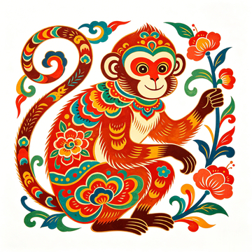 剪纸风生肖猴花饰图案设计素材