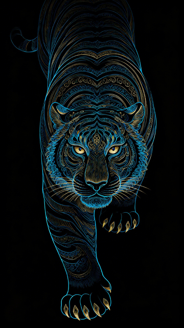 线描风蓝虎纹身设计素材