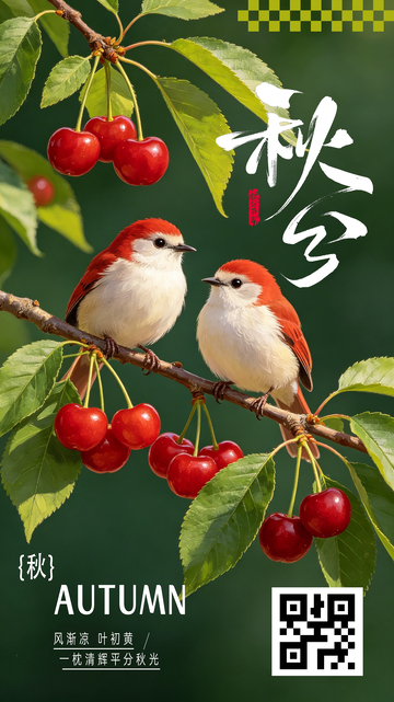 小鸟果实秋分节气海报