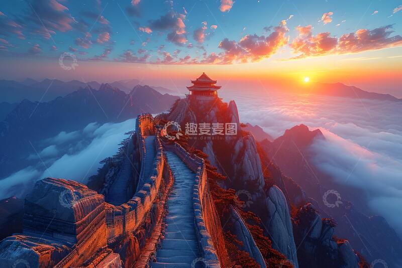 高清大图下载【趣麦麦图】-国风幻想长城云海日出设计素材9