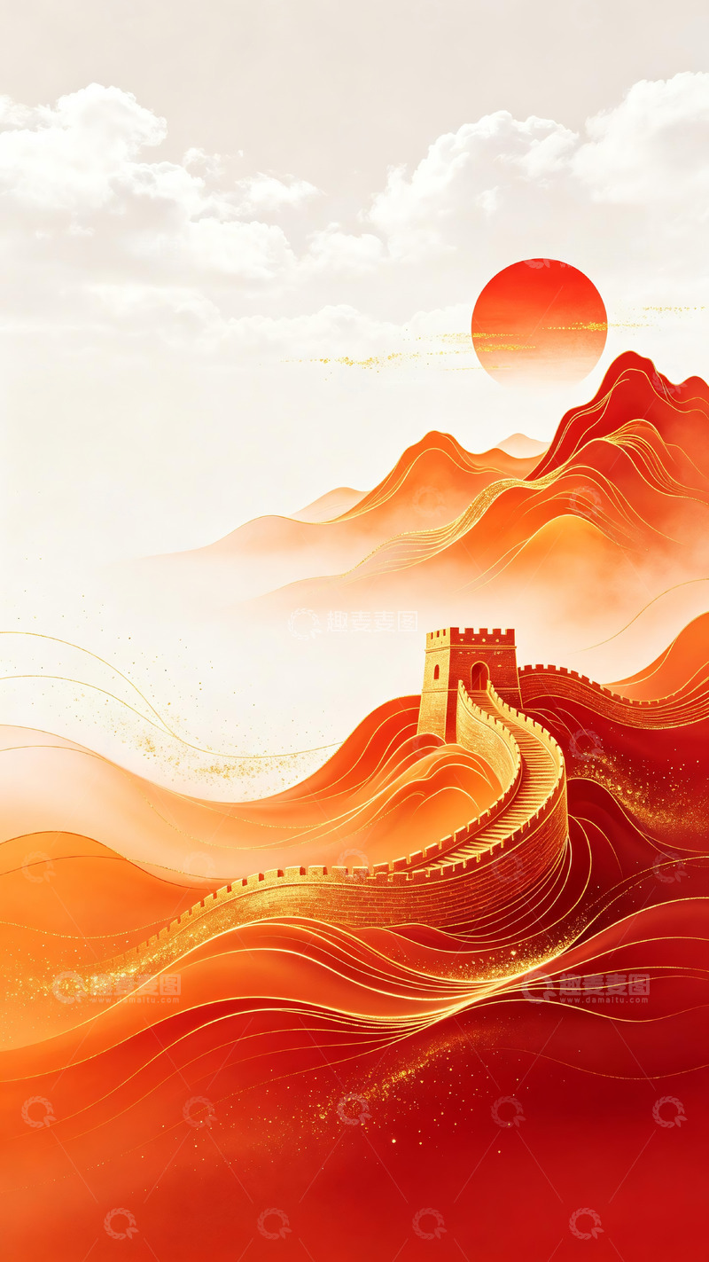 高清大图下载【趣麦麦图】鎏金红日长城新中式国风插画4
