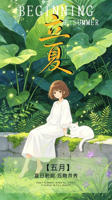 绿叶小女孩立夏节气海报
