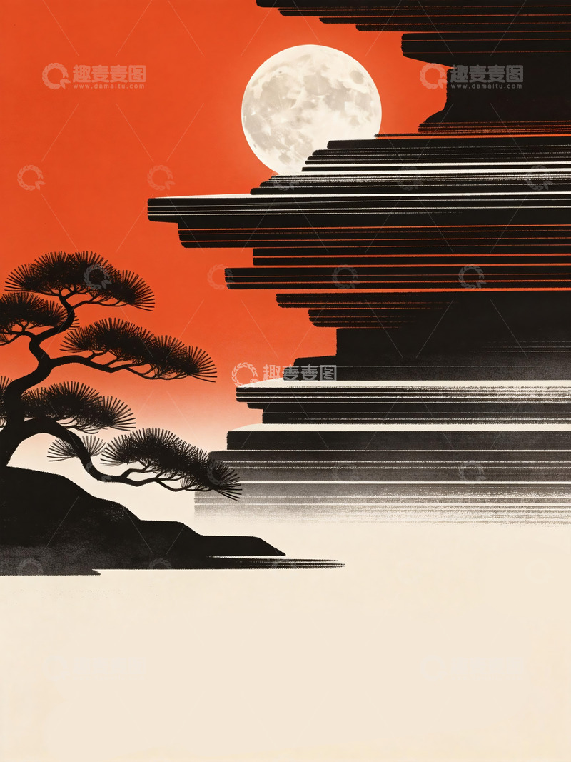 高清大图下载【趣麦麦图】月寂松间新中式肌理山水圆月版画插画3