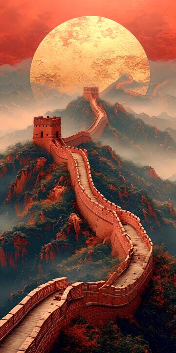 奇幻风长城月夜插画设计素材1